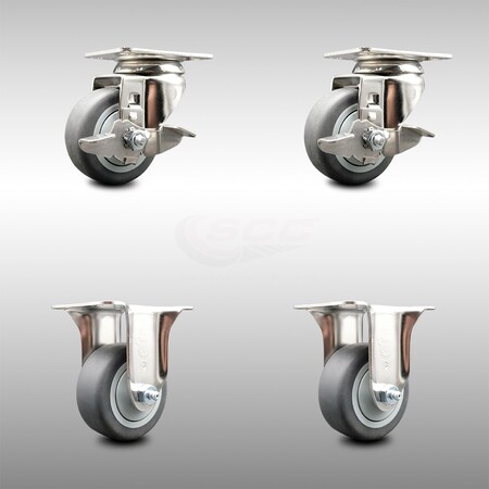 Service Caster 3.5 Inch 316SS Thermoplastic Rubber Swivel Top Plate Caster Brake 2 Rigid, 2PK SCC-SS31620S3514-TPRB-TLB-2-R-2